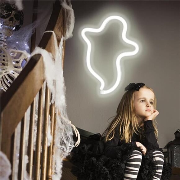 2 Pack Halloween Neon Signs White Ghost Blue Bat Full Moon Lights Decorations - Picture 6 of 8